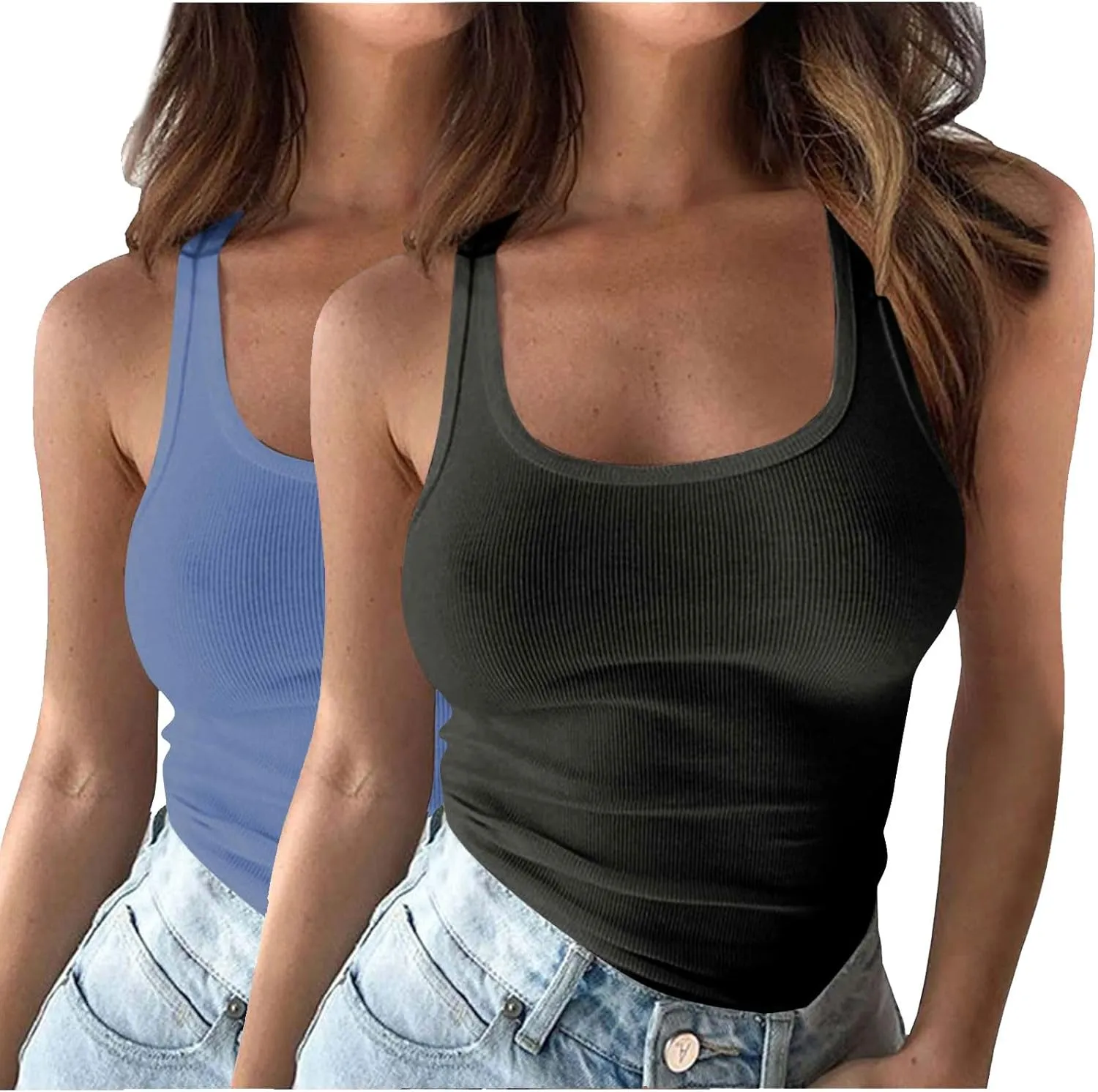 2 Pack Summer Basic Ribbed Tank Tops Women Sexy U Neck Workout Casual Sleeveless T-Shirts Stretchy Gym Cami Shirts