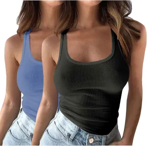2 Pack Summer Basic Ribbed Tank Tops Women Sexy U Neck Workout Casual Sleeveless T-Shirts Stretchy Gym Cami Shirts