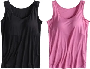 2 Pack Tank Tops for Women 2024 Cami Built in Bras Plus Size Shelf Bra Shirt Yoga Athleic Layering Undershirt