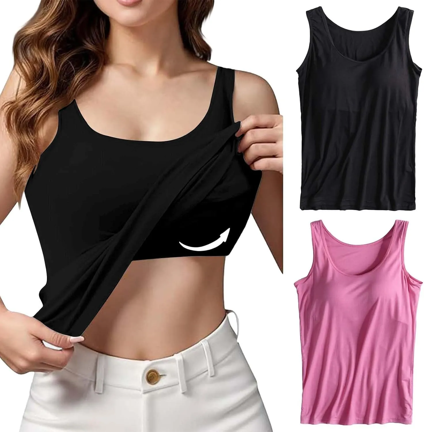 2 Pack Tank Tops for Women 2024 Cami Built in Bras Plus Size Shelf Bra Shirt Yoga Athleic Layering Undershirt