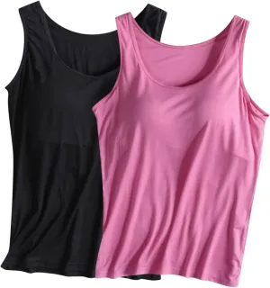 2 Pack Womens Tank Tops with Built in Bra Summer Casual Basic Modal Padded Yoga Shirts Loose Workout Camisoles Tees