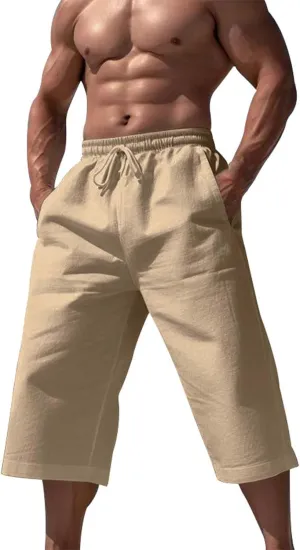 3/4 Summer Wide Leg Linen Capri Pants for Men Loose Fit Elastic Waist Drawstring Baggy Beach Yoga Harem Long Shorts