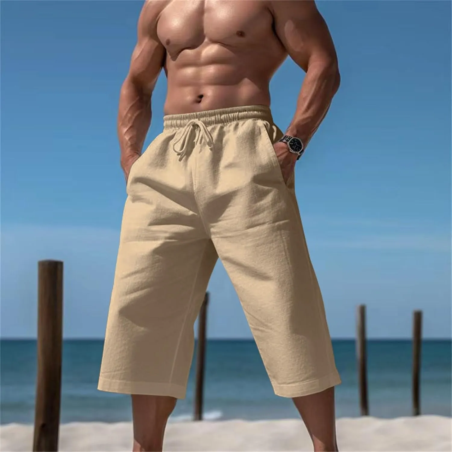3/4 Summer Wide Leg Linen Capri Pants for Men Loose Fit Elastic Waist Drawstring Baggy Beach Yoga Harem Long Shorts