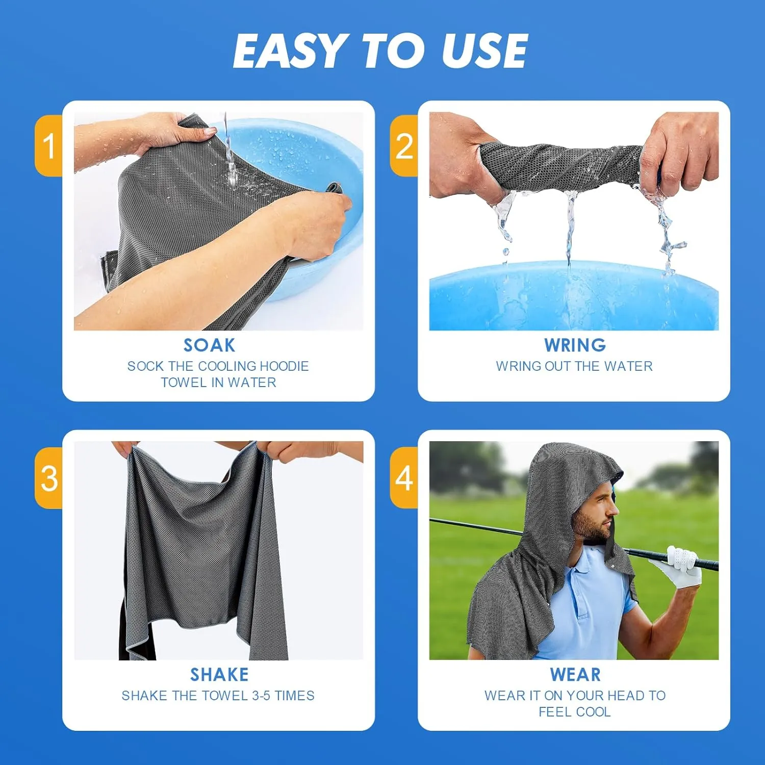 4 Pack Cooling Hoodie Towels for Neck and Face, UPF 50 Sun Protection & Instant Cooling, Ice Towels for Hot Weather, Soft Breathable Towel for Sport, Work Out, Gym, Camping & More Activities