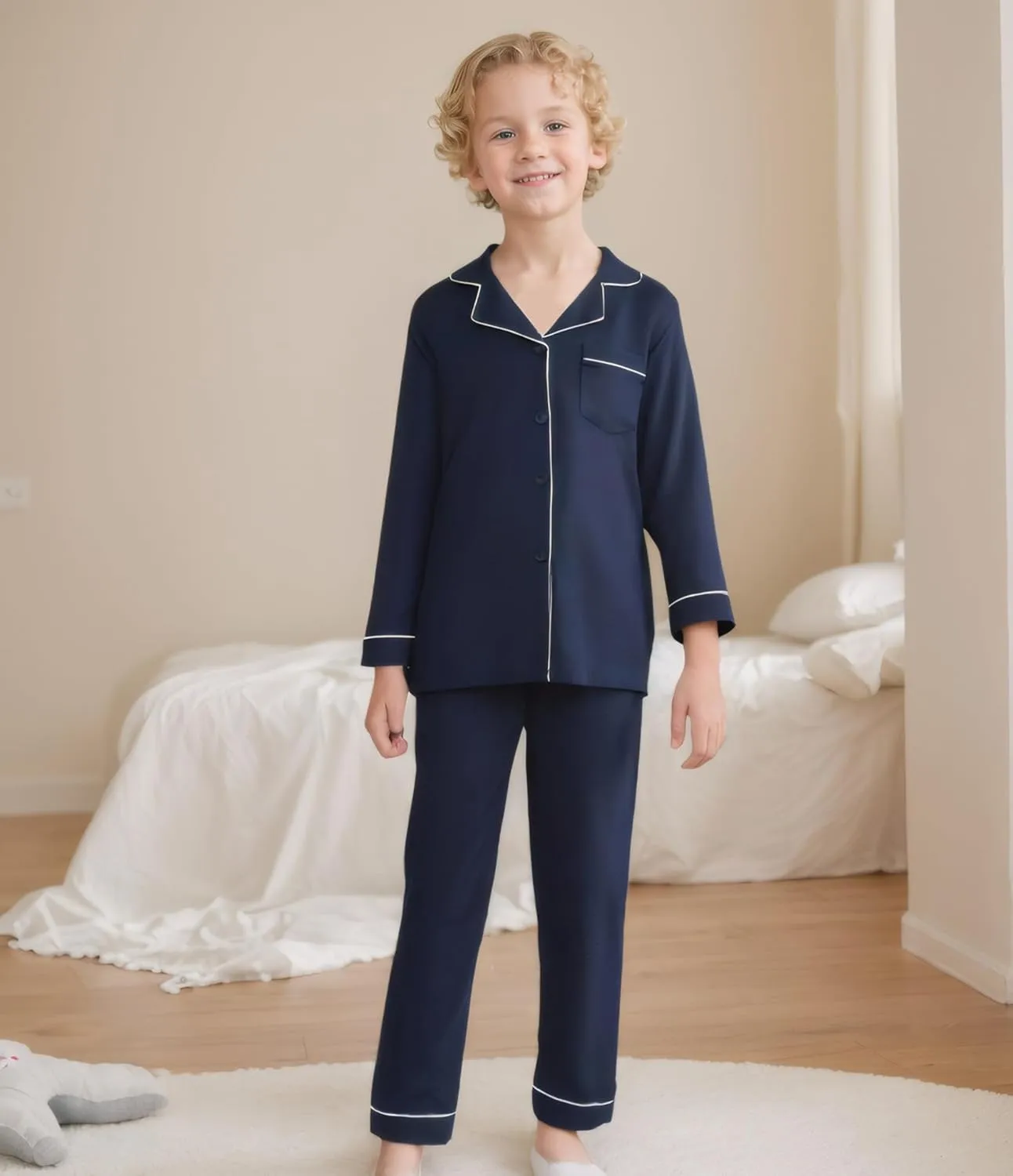 Aablexema Unisex Kids Pajamas Set Button-Down Long Sleeve Cotton Sleepwear Lounge Set for 5-13 Years