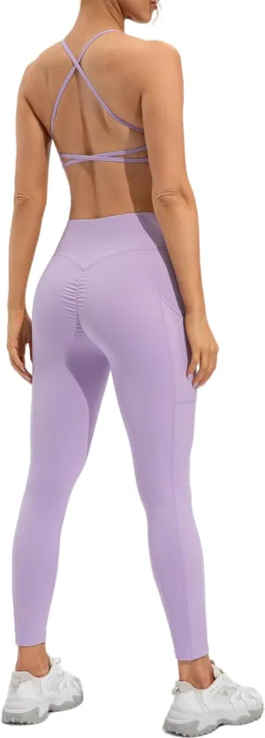 ABOCIW Workout Sets for Women Scoop Neck Cross Back Sport Bra Crossover High Waist Leggings with Pockets Scrunch Butt Lifting Yoga Pant Gym Yoga 2 Piece Outfits Lilac Medium
