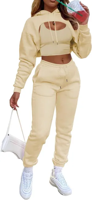 acelyn Womens Sexy 3 Piece Tracksuits Fall Long Sleeve Pullover Hoodie   Tank   Jogging Pants Outfits Sweatsuit Workout Sets