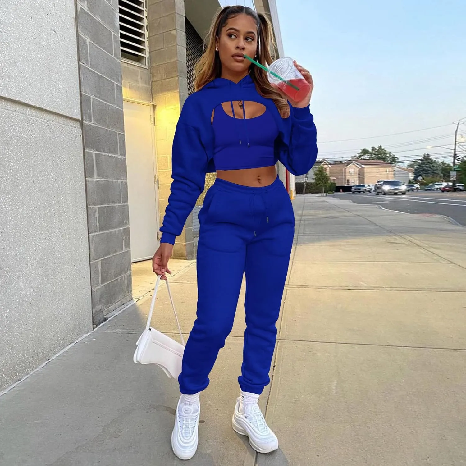 acelyn Womens Sexy 3 Piece Tracksuits Fall Long Sleeve Pullover Hoodie   Tank   Jogging Pants Outfits Sweatsuit Workout Sets