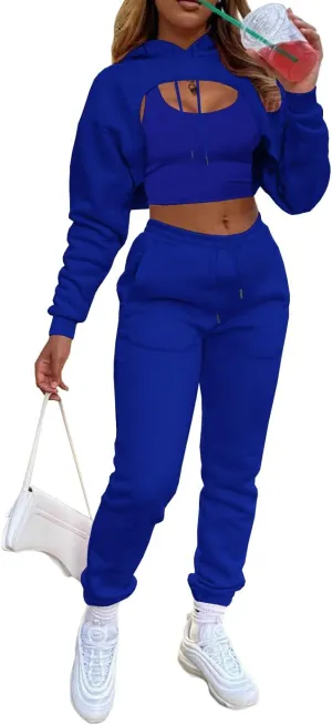 acelyn Womens Sexy 3 Piece Tracksuits Fall Long Sleeve Pullover Hoodie   Tank   Jogging Pants Outfits Sweatsuit Workout Sets