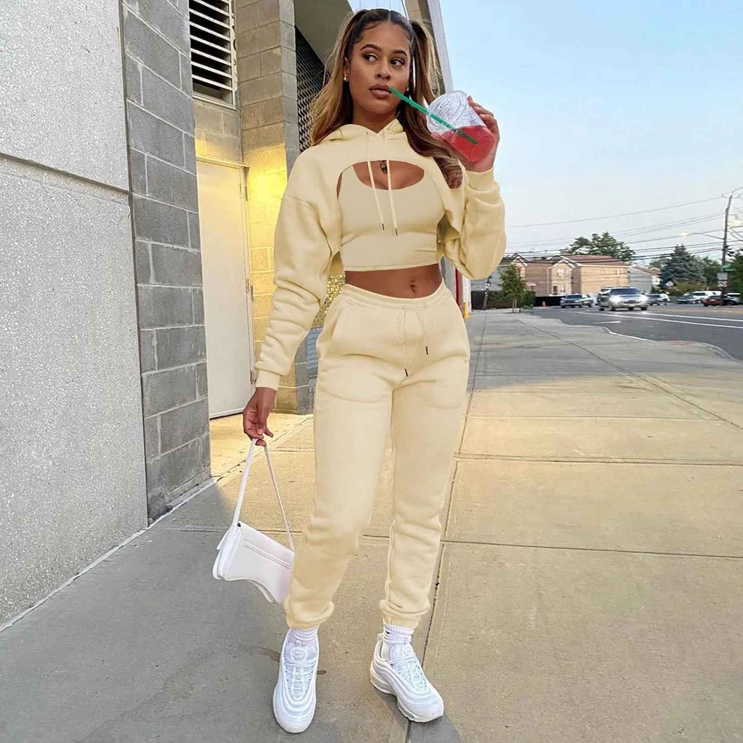acelyn Womens Sexy 3 Piece Tracksuits Fall Long Sleeve Pullover Hoodie   Tank   Jogging Pants Outfits Sweatsuit Workout Sets