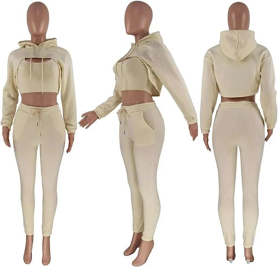 acelyn Womens Sexy 3 Piece Tracksuits Fall Long Sleeve Pullover Hoodie   Tank   Jogging Pants Outfits Sweatsuit Workout Sets