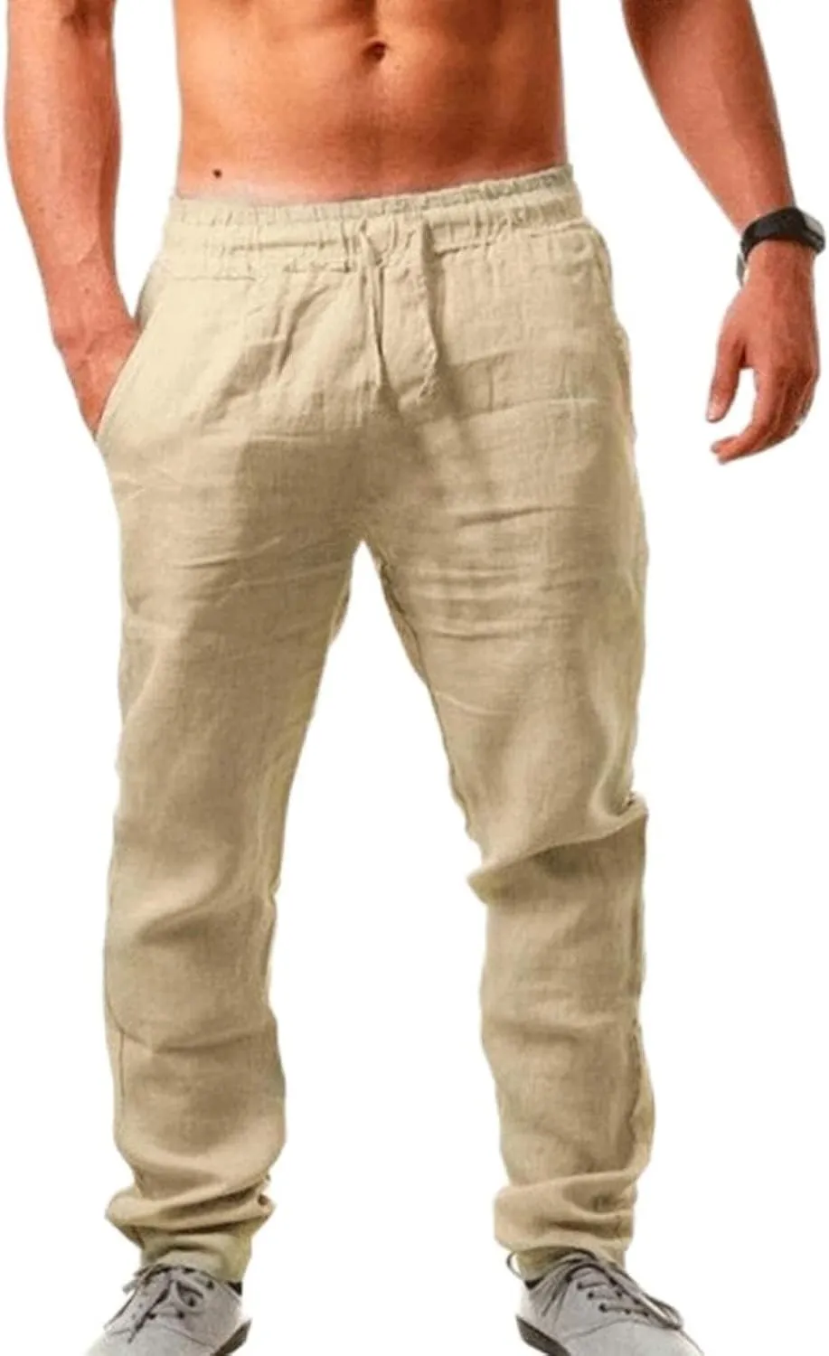 Akklian Linen Pants for Men Summer Casual Elastic Waist Drawstring Beach Pants Lightweight Breathable Straight-Legs Trousers