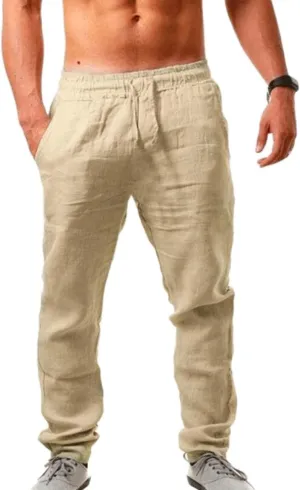 Akklian Linen Pants for Men Summer Casual Elastic Waist Drawstring Beach Pants Lightweight Breathable Straight-Legs Trousers