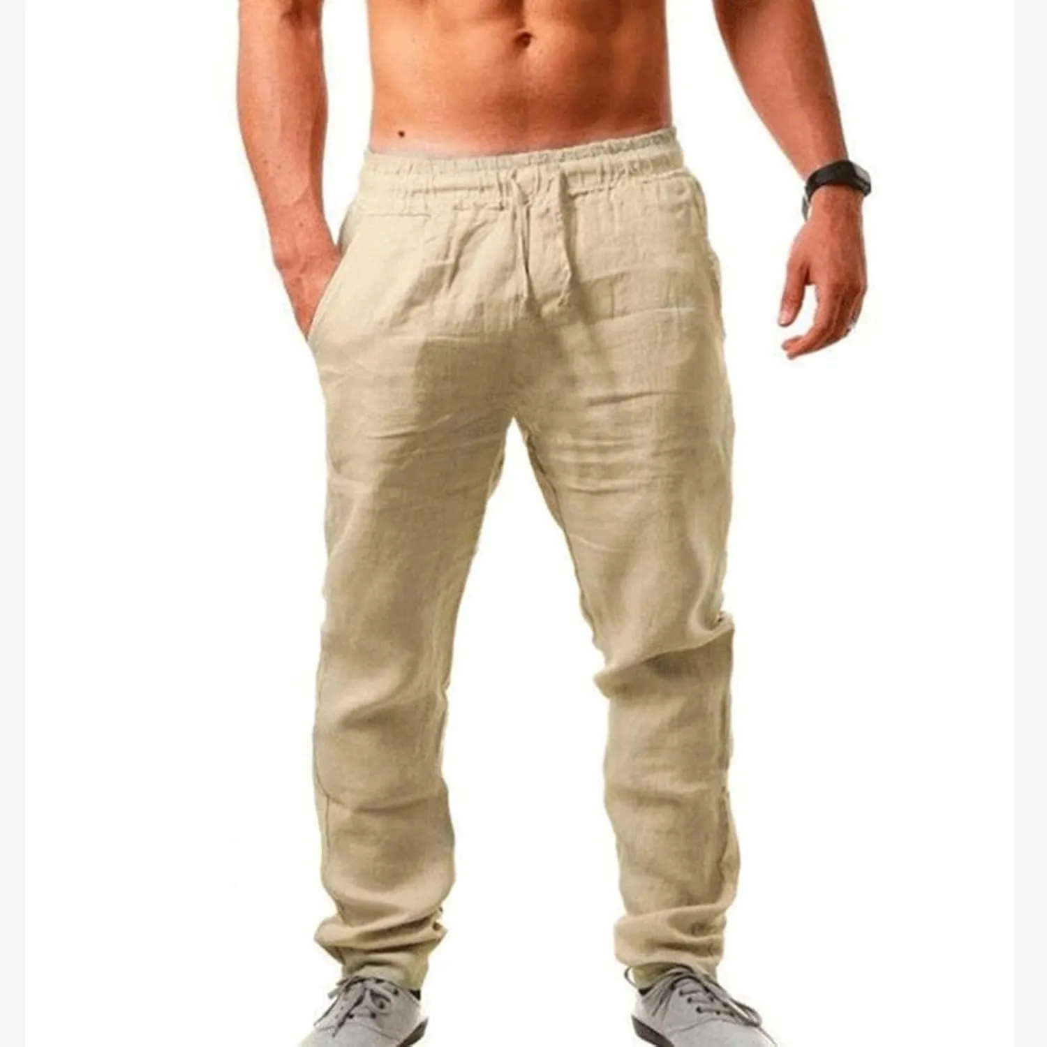 Akklian Linen Pants for Men Summer Casual Elastic Waist Drawstring Beach Pants Lightweight Breathable Straight-Legs Trousers
