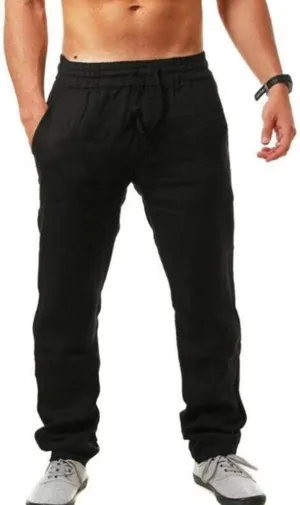 Akklian Mens Casual Linen Pants Loose Fit Elastic Waist Drawstring Straight-Legs Summer Beach Pants Comfy Breathable Trousers