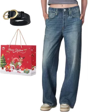 Akoilo Sweatpant Jeans for Women, Women's High Waisted Full-Length Wide Leg Baggy Comfort Jeans