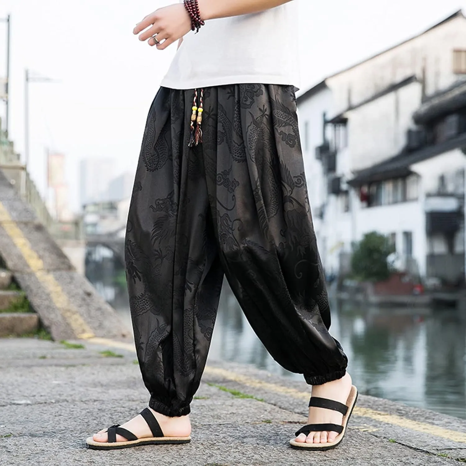 Alalaso Mens Cotton Linen Pants Lightweight Casual Relaxed Fit Wide Leg Breathable Drawstring Waist Pants Baggy Joggers