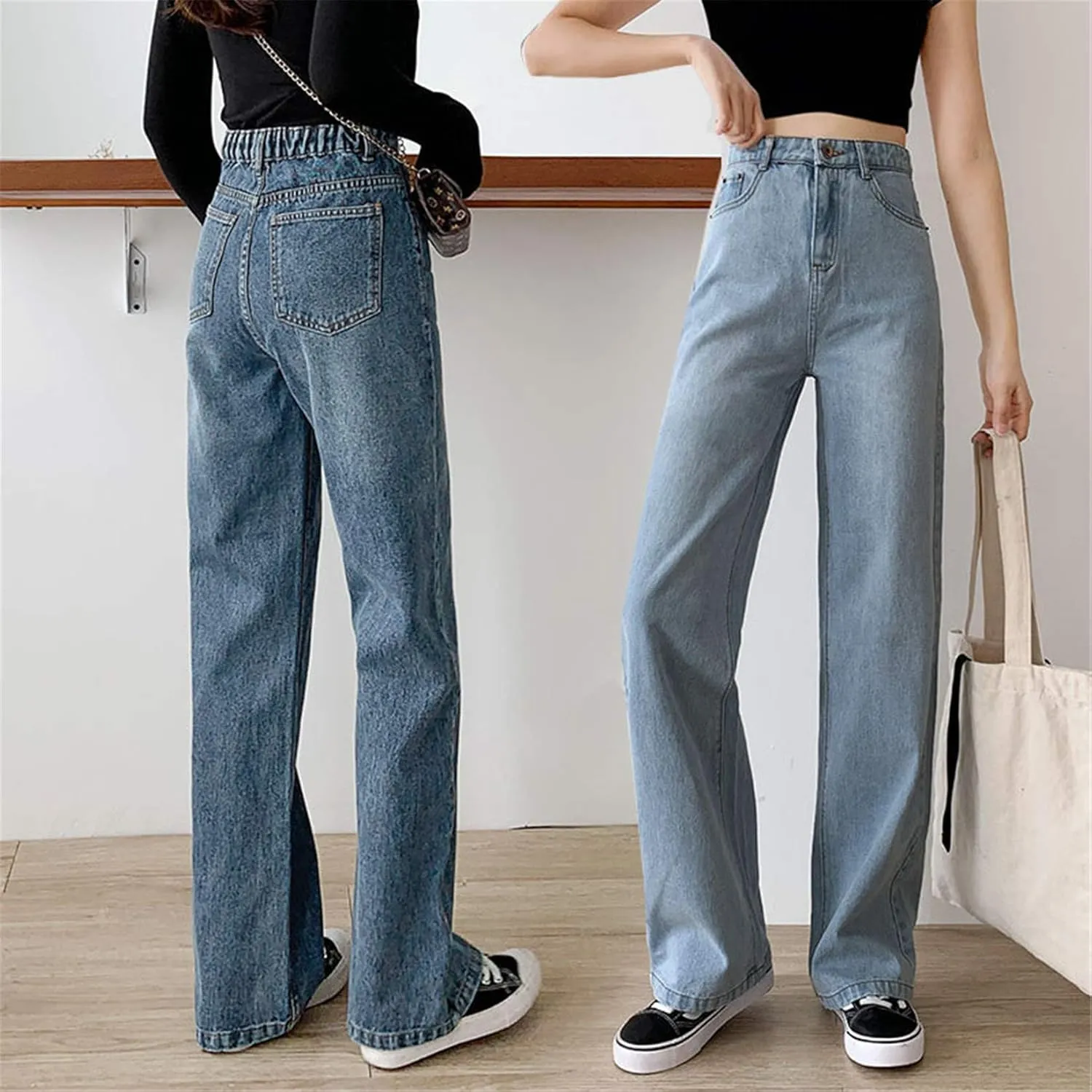 Andongnywell Women Slim Classic Relaxed Fit Straight Leg Jeans Pockets Jean Trousers Mid-Waist Wide-Leg Denim Pants