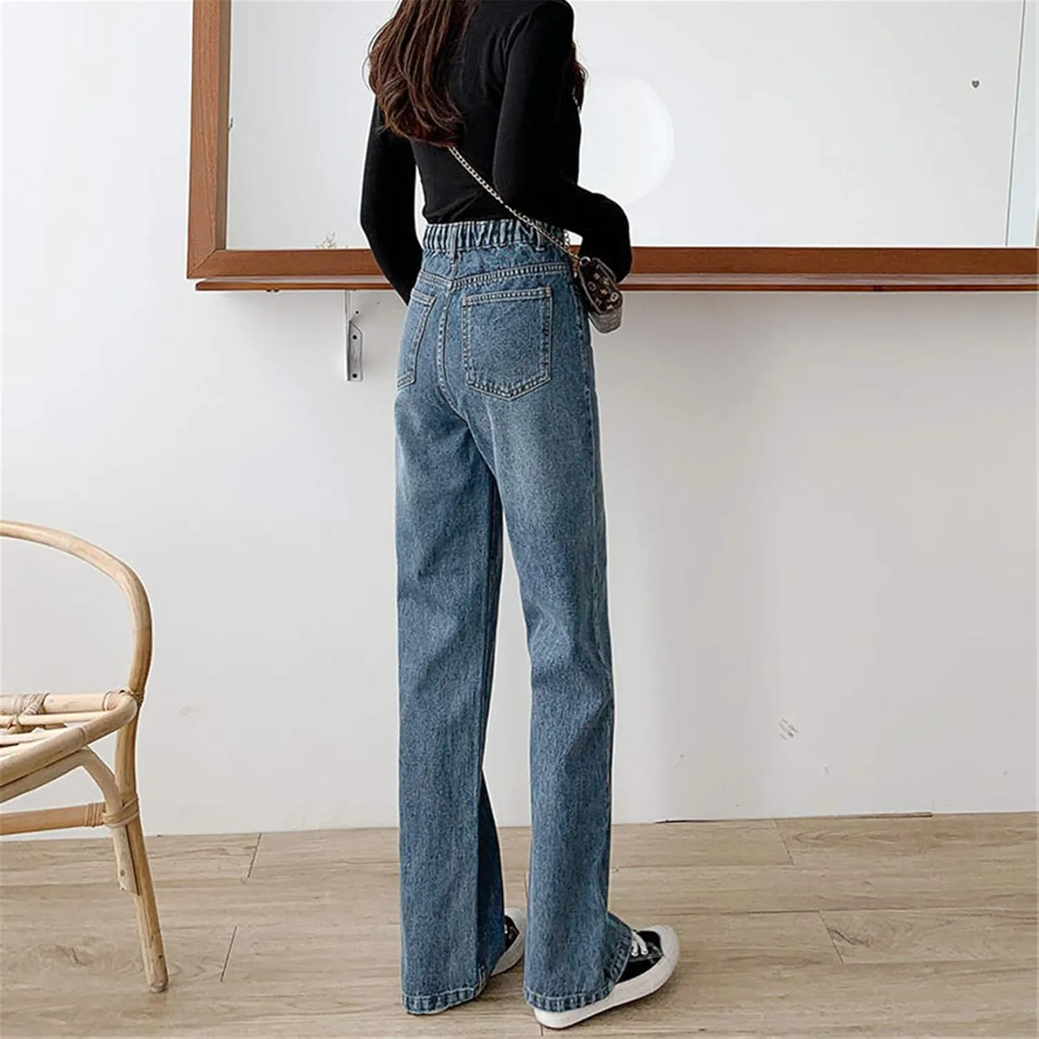 Andongnywell Women Slim Classic Relaxed Fit Straight Leg Jeans Pockets Jean Trousers Mid-Waist Wide-Leg Denim Pants