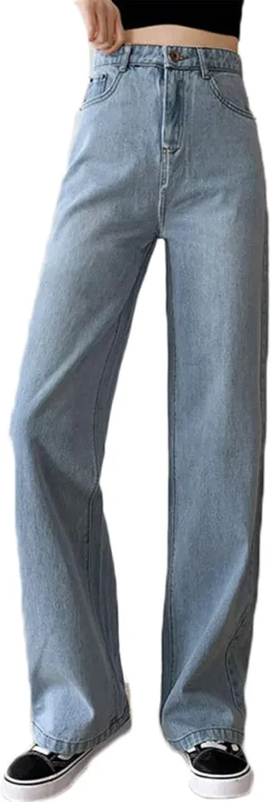 Andongnywell Women Slim Classic Relaxed Fit Straight Leg Jeans Pockets Jean Trousers Mid-Waist Wide-Leg Denim Pants