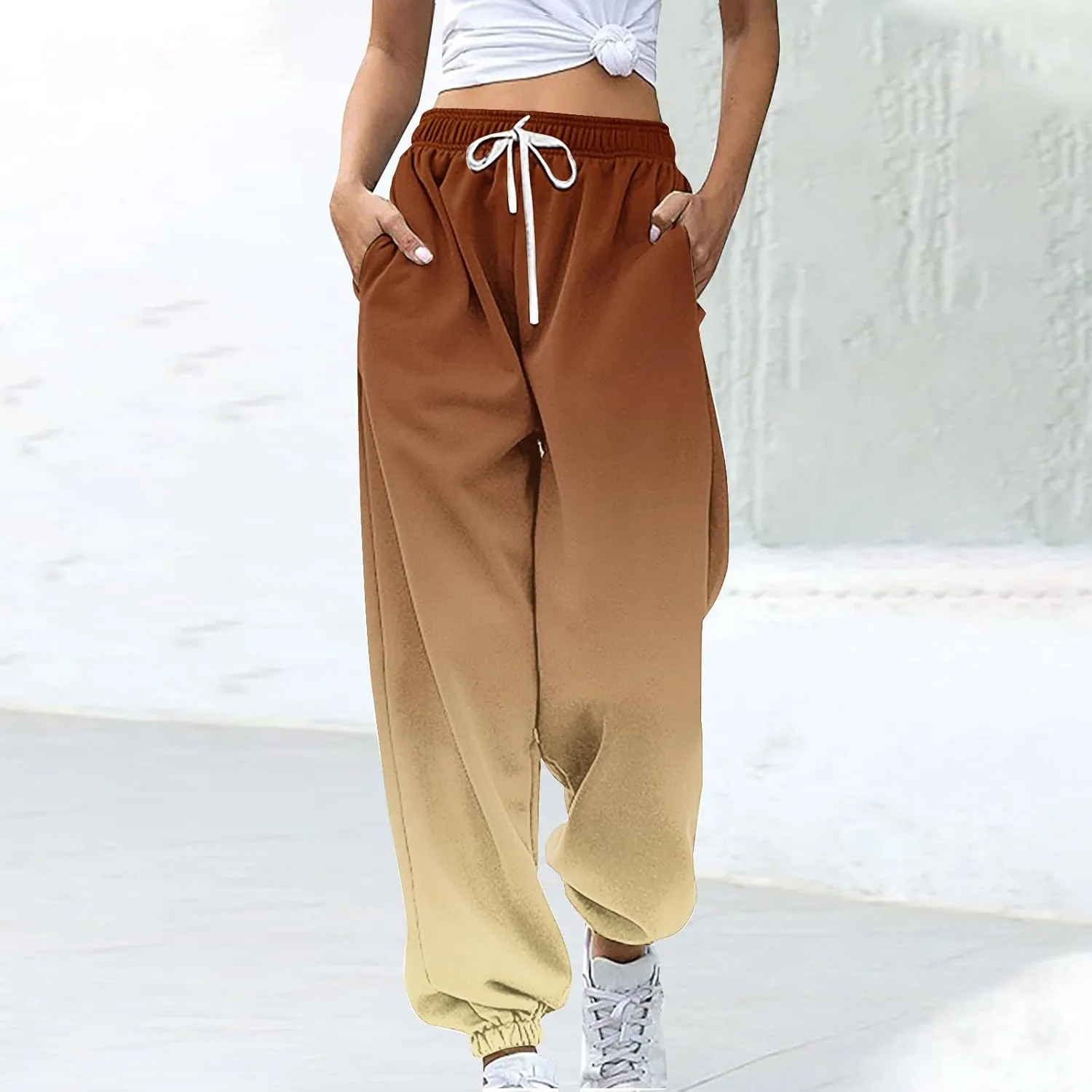 Athletic Sweat Pants Women Fall Jogger Pants Loose Casual Drawstring Pocket Sweatpants Gradient Fashion Sports Pants