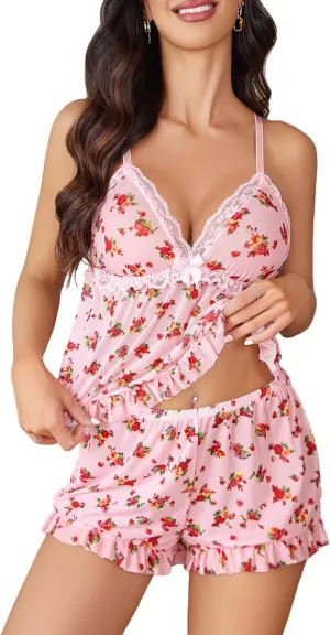 Avidlove Sheer Pajamas for Women Set Sexy Lingerie Ruffled Mesh Cami Shorts 2 Pcs Pj Sets Lounge Sleepwear