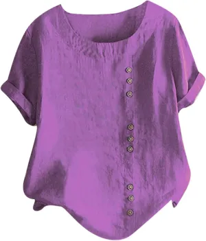 Baggy Linen Button Up Shirts For Women Retro Embroidery/Printed Tees Cotton Linen Short Sleeve Summer Loose Blouse