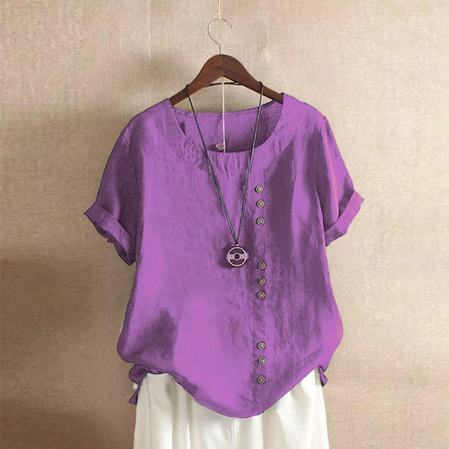 Baggy Linen Button Up Shirts For Women Retro Embroidery/Printed Tees Cotton Linen Short Sleeve Summer Loose Blouse