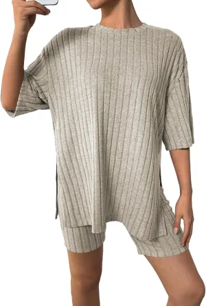 BeadChica Womens 2 Piece Lounge Sets Summer Outfits Ribbed Knit Matching Outfit Oversized Tshirts Biker Short 2025 Fashion