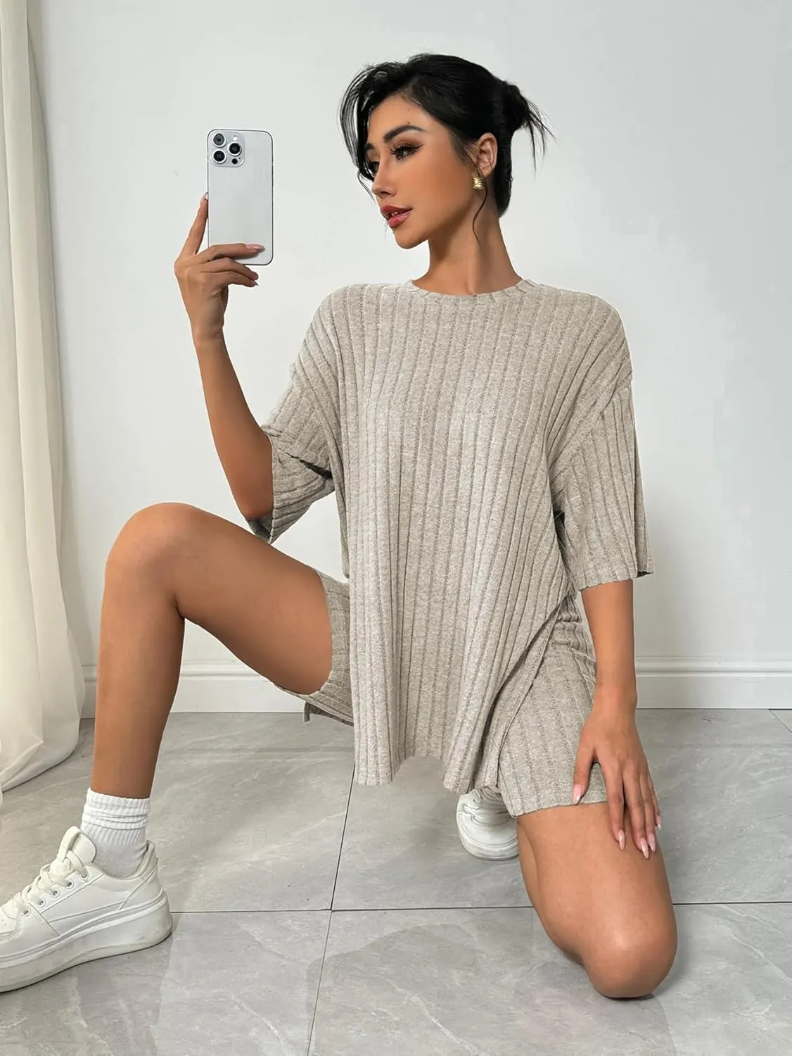 BeadChica Womens 2 Piece Lounge Sets Summer Outfits Ribbed Knit Matching Outfit Oversized Tshirts Biker Short 2025 Fashion
