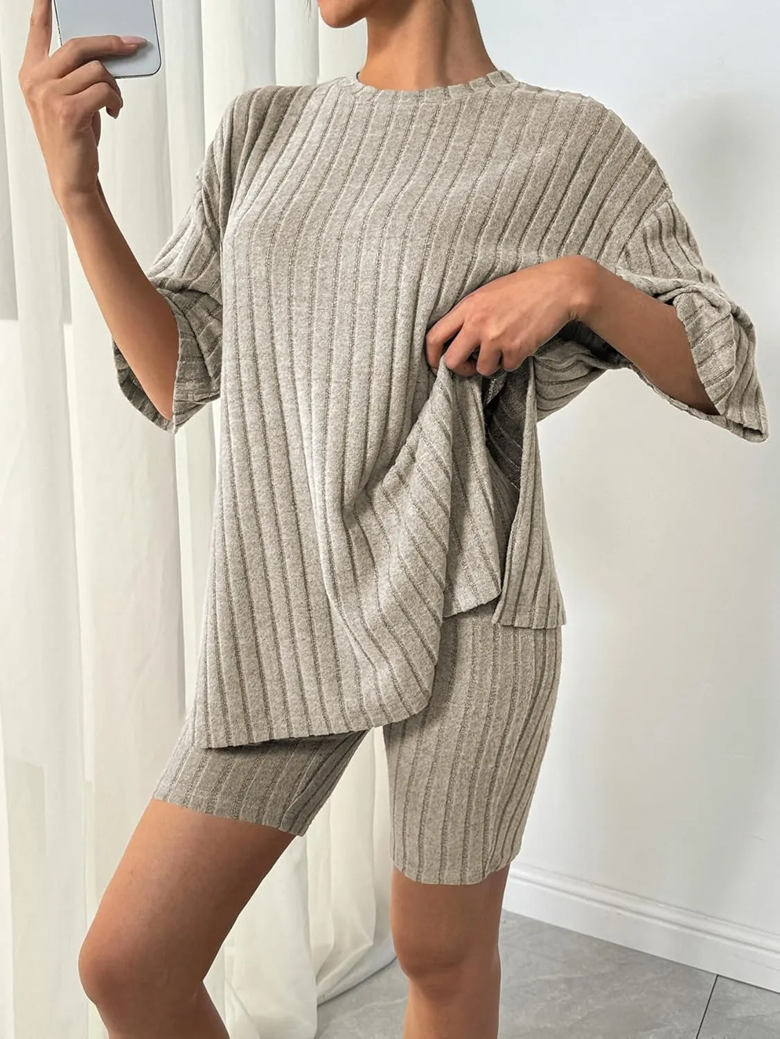 BeadChica Womens 2 Piece Lounge Sets Summer Outfits Ribbed Knit Matching Outfit Oversized Tshirts Biker Short 2025 Fashion
