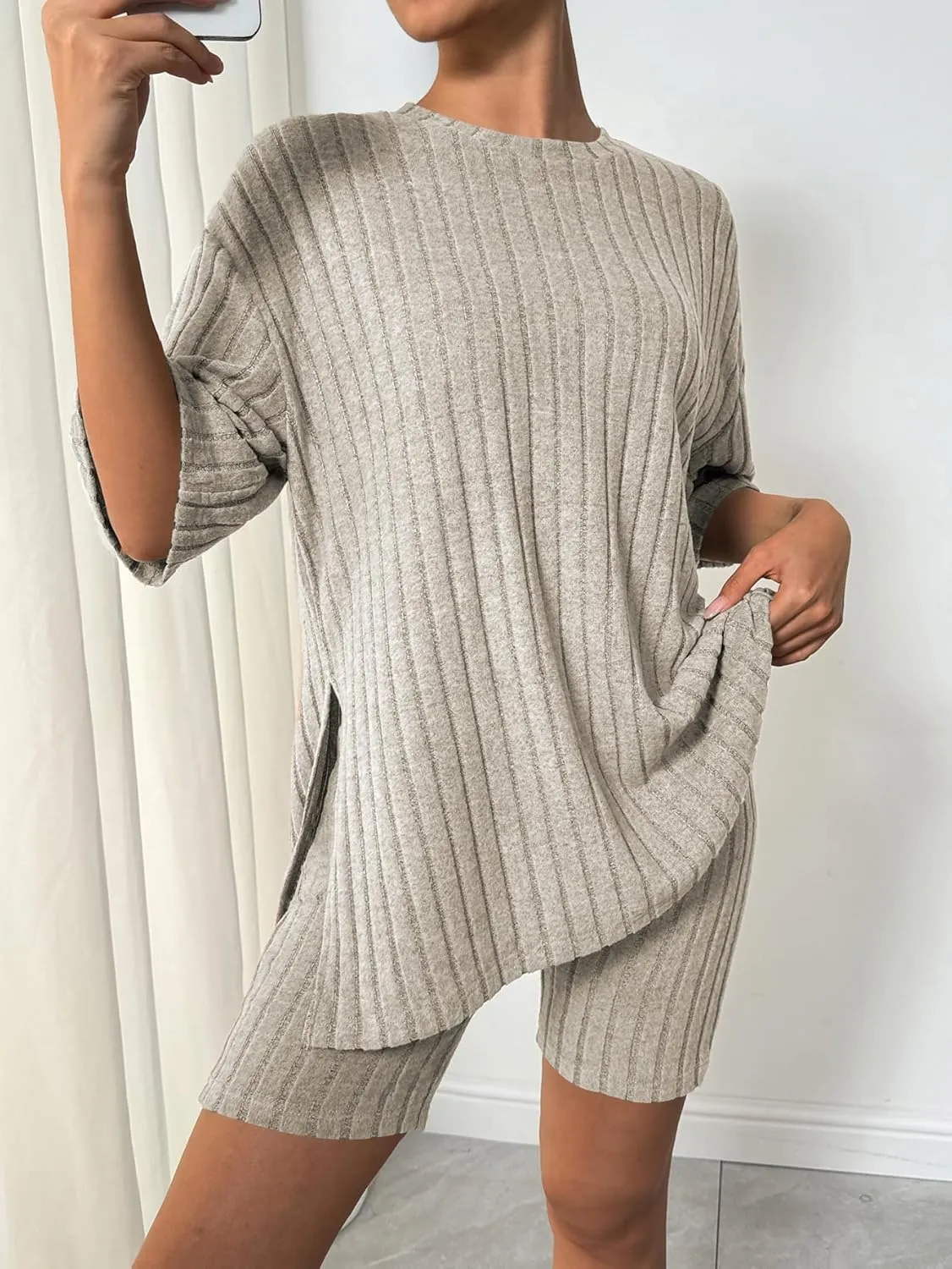 BeadChica Womens 2 Piece Lounge Sets Summer Outfits Ribbed Knit Matching Outfit Oversized Tshirts Biker Short 2025 Fashion