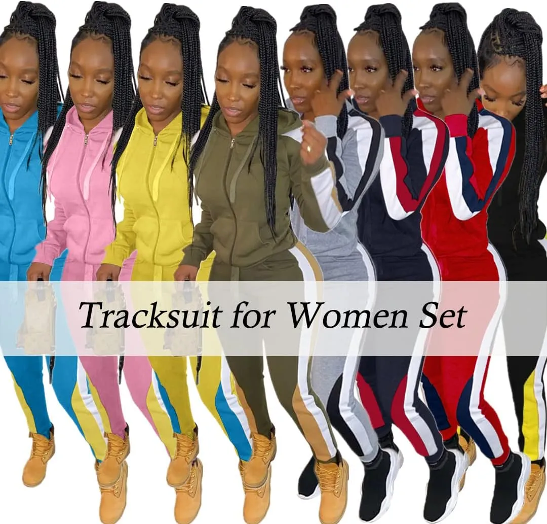 Bluewolfsea Womens Fashion 2 Pieces Outfits Color Block Striped Tracksuits Zip Up Jacket and Pants Set