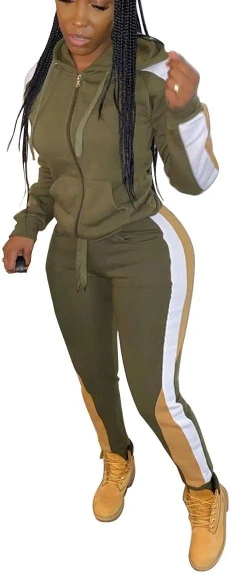 Bluewolfsea Womens Fashion 2 Pieces Outfits Color Block Striped Tracksuits Zip Up Jacket and Pants Set