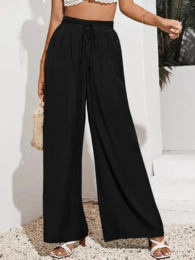 Business Pants Women, High Waist Wide Leg Work Pants, Casual Flowy Tie Adjustable Knot Palazzo Trousers with Pockets