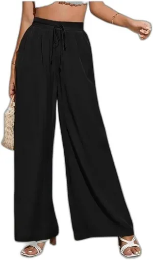 Business Pants Women, High Waist Wide Leg Work Pants, Casual Flowy Tie Adjustable Knot Palazzo Trousers with Pockets