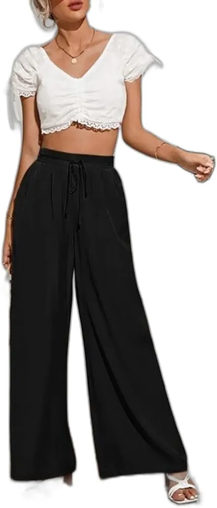 Business Pants Women, High Waist Wide Leg Work Pants, Casual Flowy Tie Adjustable Knot Palazzo Trousers with Pockets