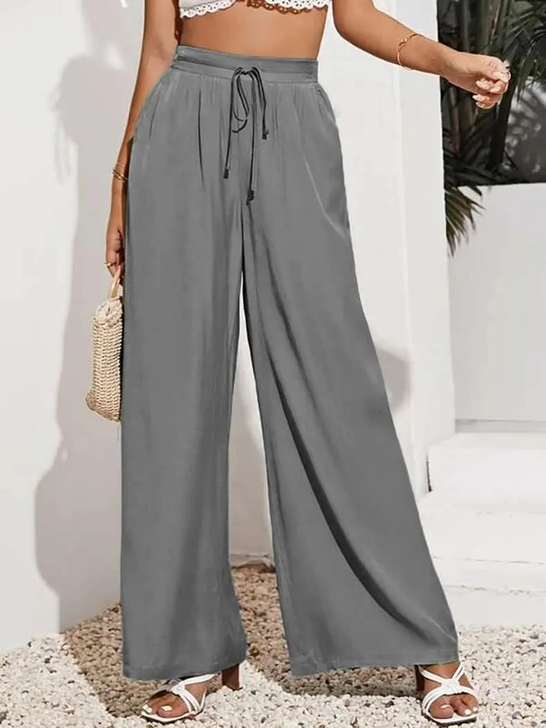 Business Pants Women, High Waist Wide Leg Work Pants, Casual Flowy Tie Adjustable Knot Palazzo Trousers with Pockets