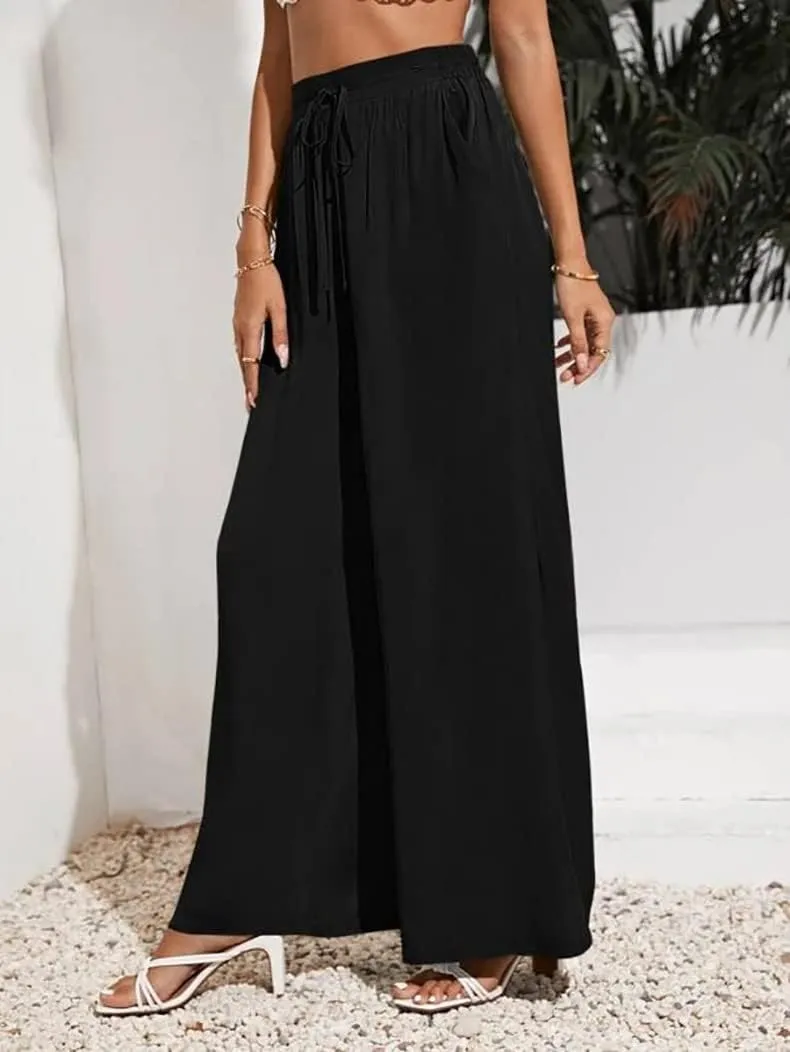 Business Pants Women, High Waist Wide Leg Work Pants, Casual Flowy Tie Adjustable Knot Palazzo Trousers with Pockets