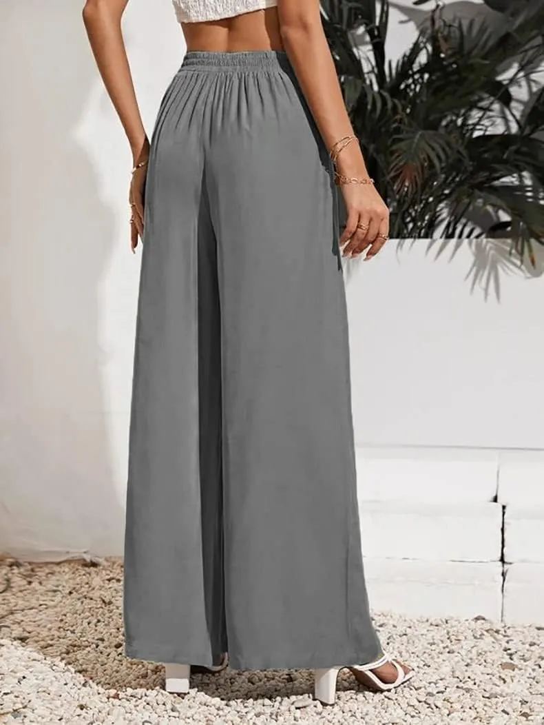 Business Pants Women, High Waist Wide Leg Work Pants, Casual Flowy Tie Adjustable Knot Palazzo Trousers with Pockets