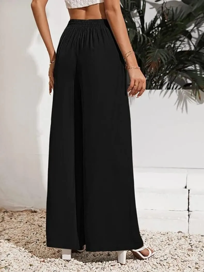 Business Pants Women, High Waist Wide Leg Work Pants, Casual Flowy Tie Adjustable Knot Palazzo Trousers with Pockets