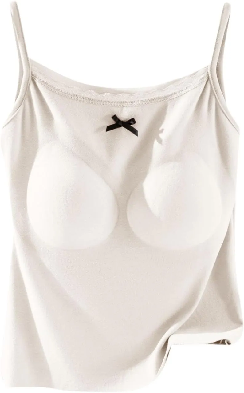 Camisole Top for Women Cute Lace Bow Spaghetti Strap Cami Tops with Built-In Bra Casual Comfort Basic Underwear Soft