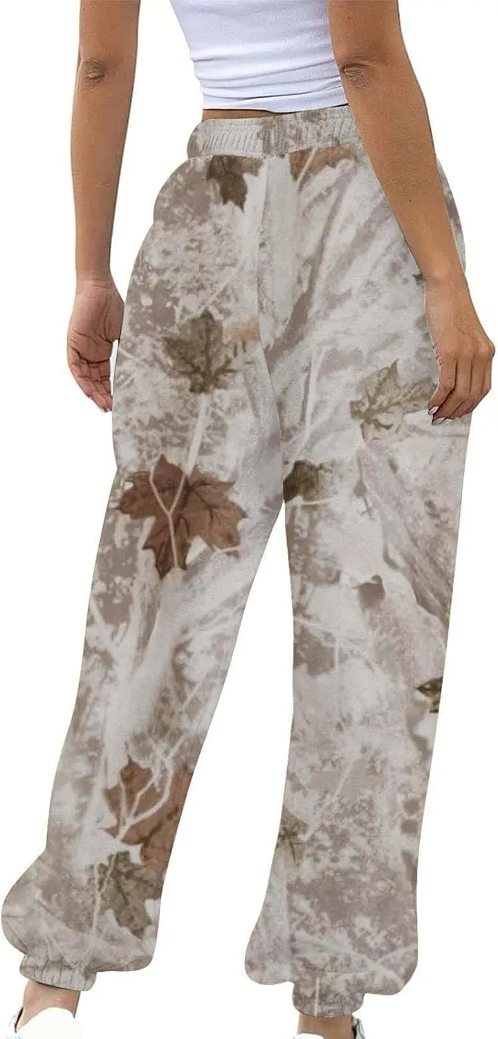 Camo Cargo Pants for Women - High Waisted Wide Leg Sweatpants, Baggy Elastic Joggers, Camouflage Trousers for Workout