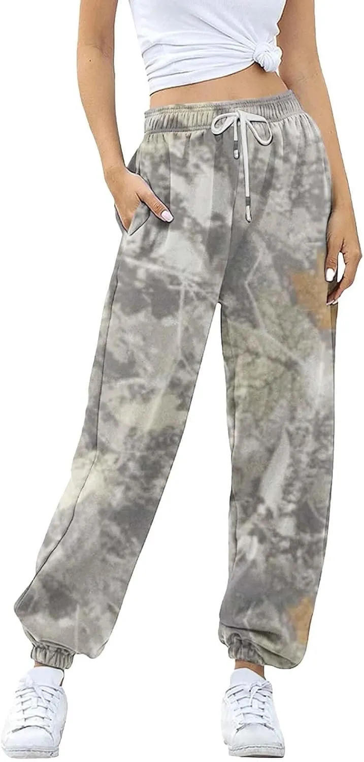 Camo Cargo Pants for Women - High Waisted Wide Leg Sweatpants, Baggy Elastic Joggers, Camouflage Trousers for Workout