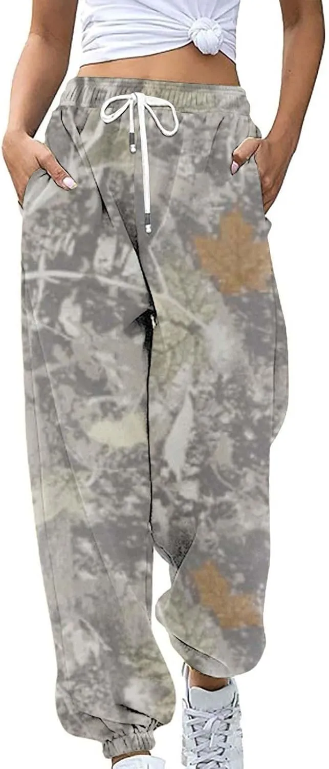 Camo Cargo Pants for Women - High Waisted Wide Leg Sweatpants, Baggy Elastic Joggers, Camouflage Trousers for Workout