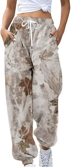 Camo Cargo Pants for Women - High Waisted Wide Leg Sweatpants, Baggy Elastic Joggers, Camouflage Trousers for Workout