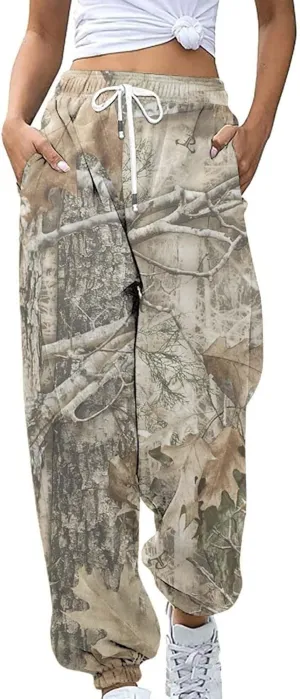 Camo Cargo Pants for Women - High Waisted Wide Leg Sweatpants, Baggy Elastic Joggers, Camouflage Trousers for Workout