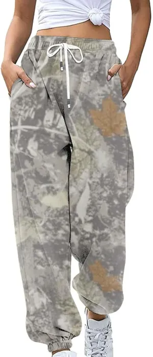 Camo Cargo Pants for Women - High Waisted Wide Leg Sweatpants, Baggy Elastic Joggers, Camouflage Trousers for Workout