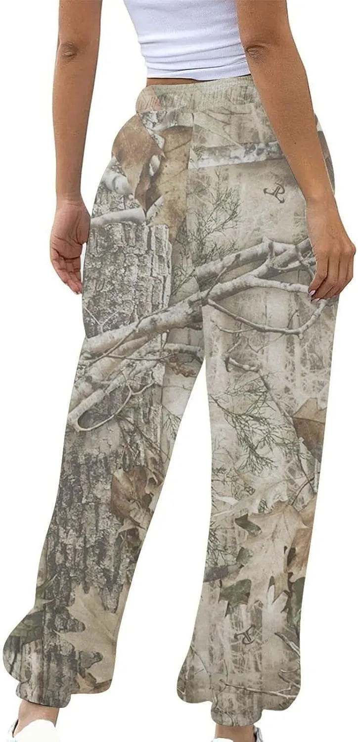 Camo Cargo Pants for Women - High Waisted Wide Leg Sweatpants, Baggy Elastic Joggers, Camouflage Trousers for Workout