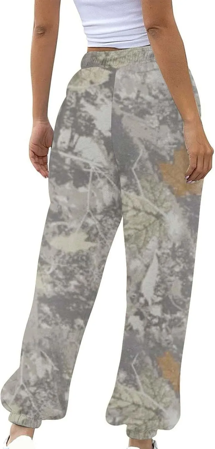Camo Cargo Pants for Women - High Waisted Wide Leg Sweatpants, Baggy Elastic Joggers, Camouflage Trousers for Workout
